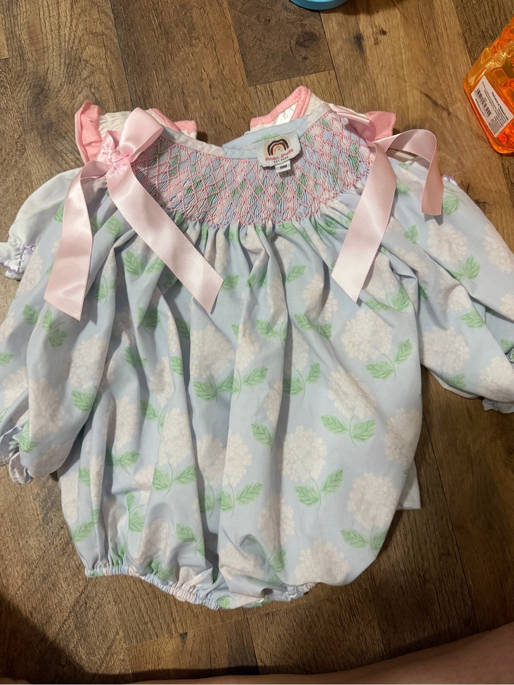 Smocked Hydrangea Bubble Romper with Pink Ribbon Ties - Light Blue